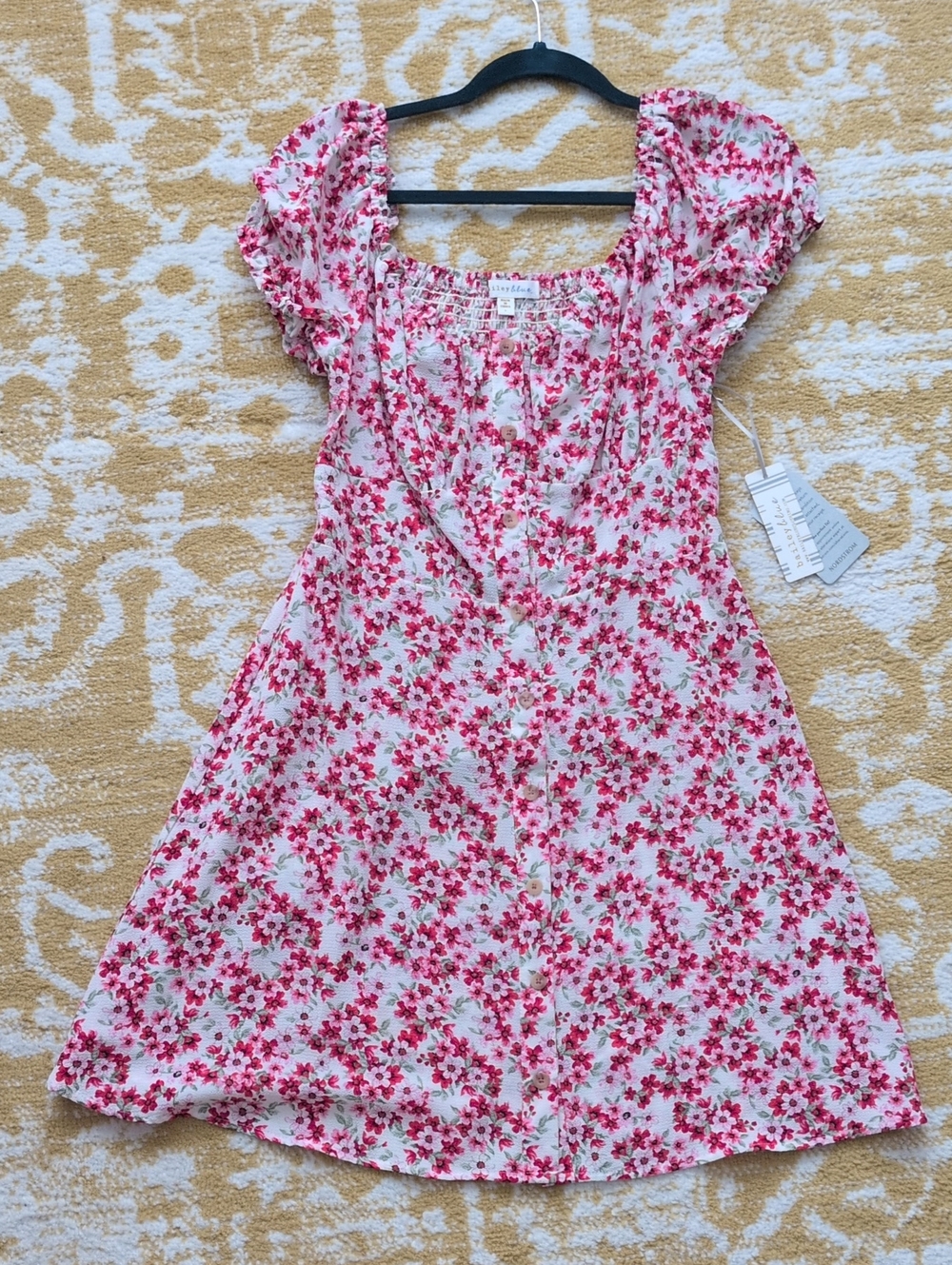 NWT Bailey Blue Dress with Pink Floral Print and Puff Sleeves